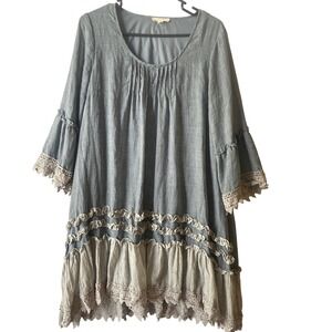 Ryu Boho Cottagecore Tunic Top Medium Blue Gray Lace Ruffle Hem Peasant Blouse
